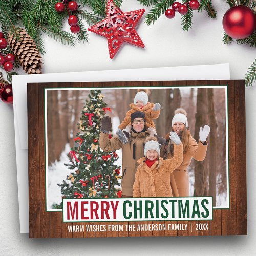 Modern Merry Christmas Wood Family Photo Holiday Card