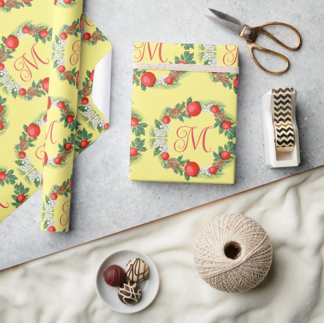 Modern Merry Christmas Wreath Red Green Yellow  Wrapping Paper (Crafts)