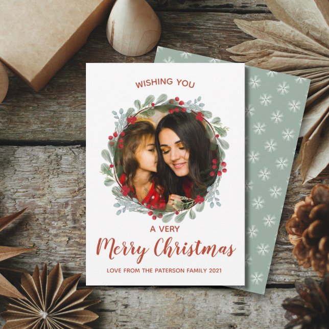 Modern Merry Christmas Wreath Watercolor & Photo   Holiday Card (Creator Uploaded)