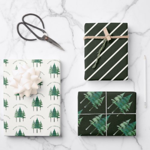 Modern Merry Classic Watercolor Christmas Tree Wrapping Paper Sheets
