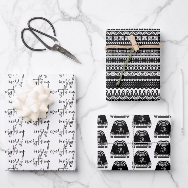 Modern Merry Everything Christmas Sweater Holiday Wrapping Paper Sheets (Front)