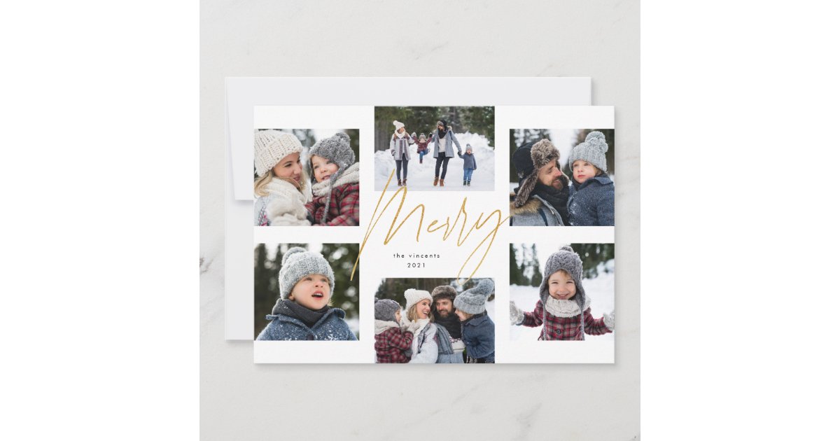 Modern Merry Faux Gold 6 Photo Christmas Collage Holiday Card Zazzle Com