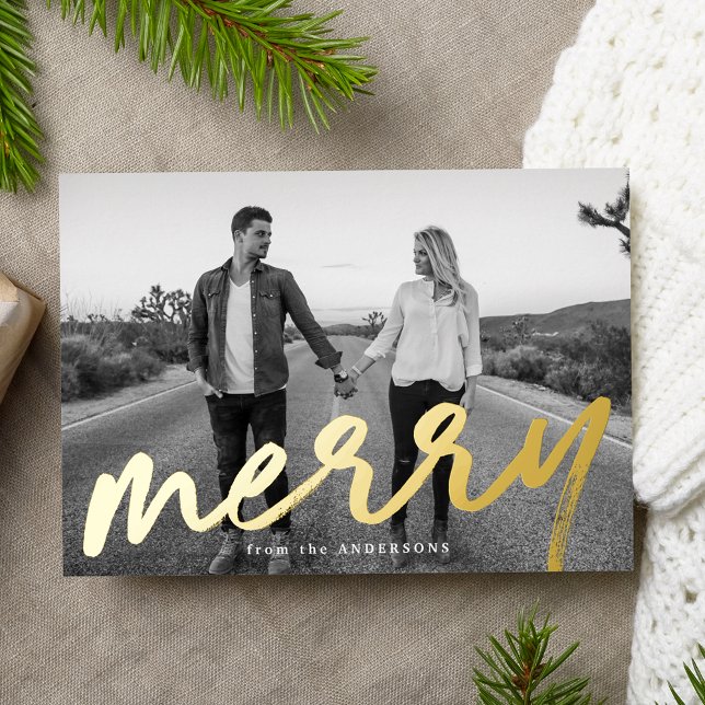 Modern Merry Gold Luxe Photo Foil Holiday Card (Creator Uploaded)