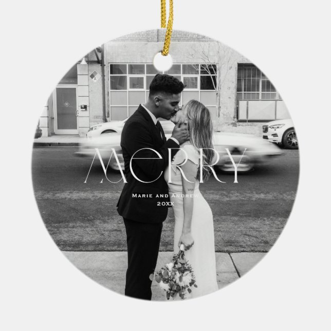 Modern Merry Holiday design Ceramic Ornament (Front)