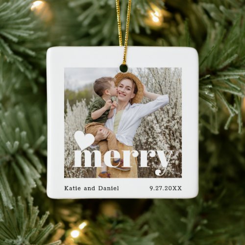 Modern Merry Holiday Family Double Sided Photo Ceramic Ornament