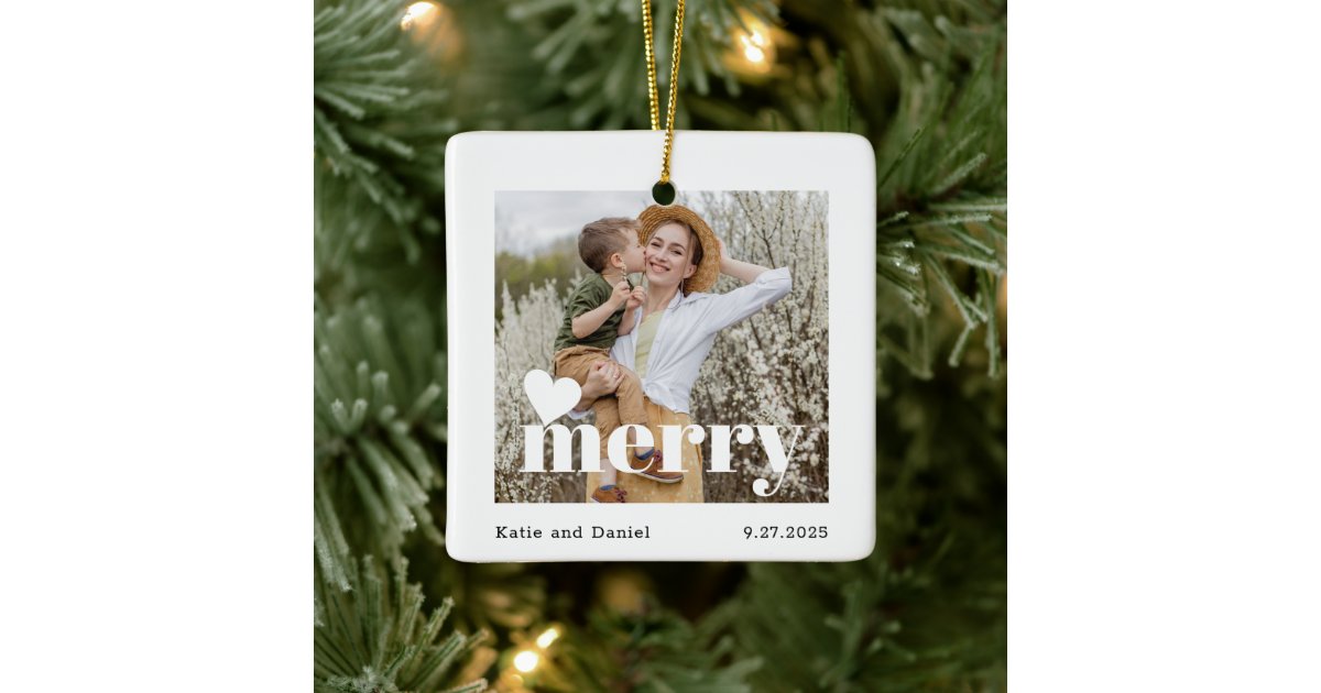 Modern Merry Holiday Family Double Sided Photo Ceramic Ornament | Zazzle