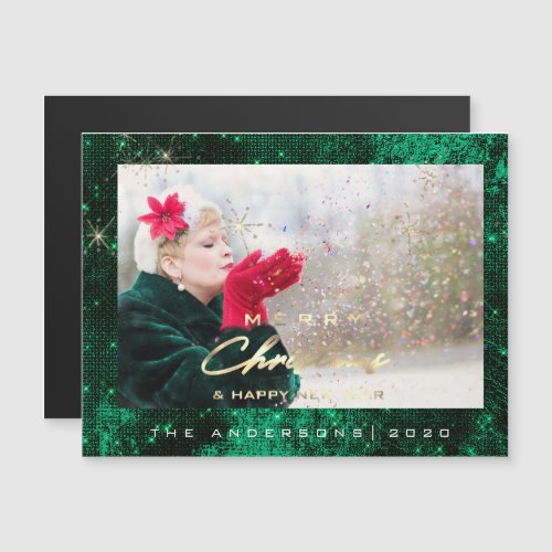 Modern Merry Holiday Photo Gold Monstera GreenYear Magnetic Invitation