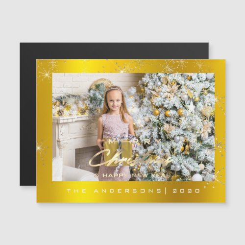 Modern Merry Holiday  Photo Gold Spark Name Magnetic Invitation