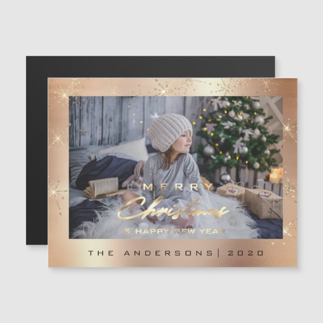 Modern Merry Holiday Photo Gold Spark Rose Sparkly Magnetic Invitation (Front/Back)