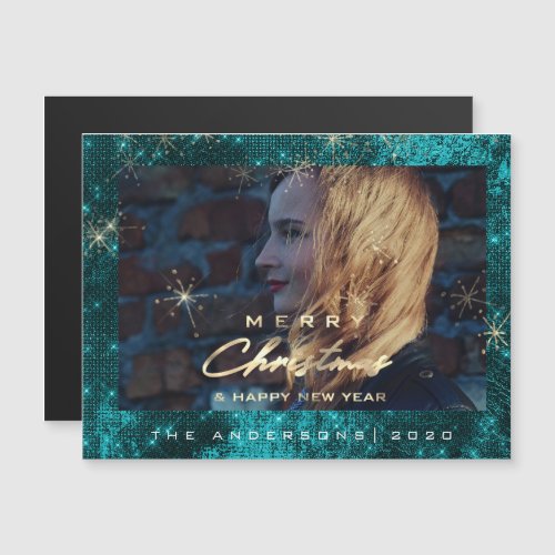 Modern Merry Holiday Photo Gold Spark Teal Year Magnetic Invitation