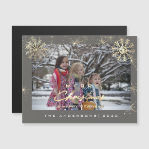 Modern Merry Holiday Snowflakes Photo White Gray Magnetic Invitation