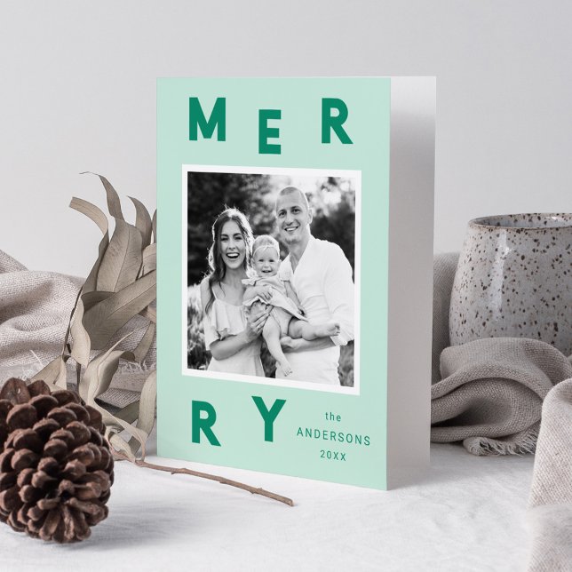 Modern Merry Letters Mint & Green 2 Photo Holiday Card (Creator Uploaded)
