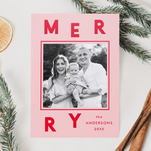Modern Merry Letters Pink and Red Christmas Letterpress Photo Cards