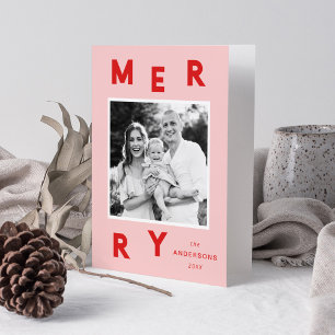 Modern Merry Letters Pink & Red 2 Photo Holiday Card