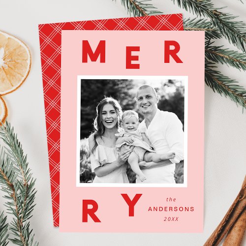 Modern Merry Letters Pink  Red Photo Holiday Card