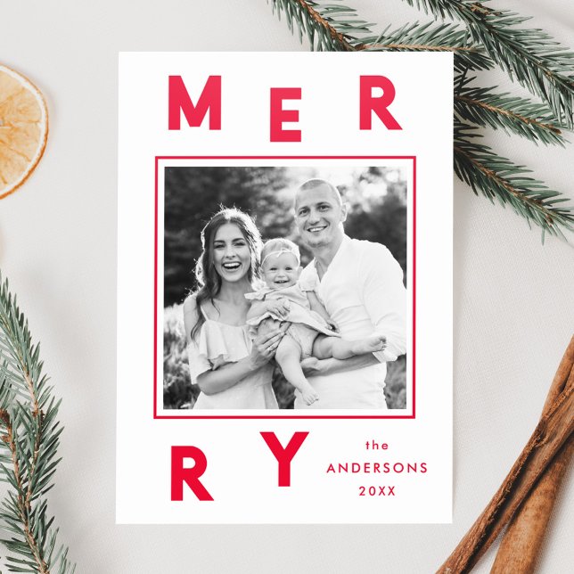 Modern Merry Letters Red Christmas Letterpress Photo Cards (Creator Uploaded)