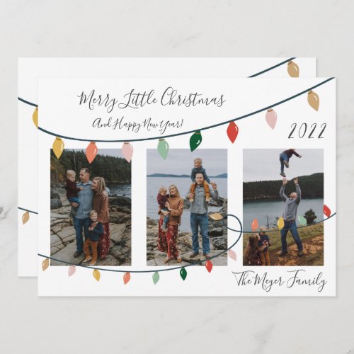Modern Merry Little Christmas Lights 3 Photo Holiday Card