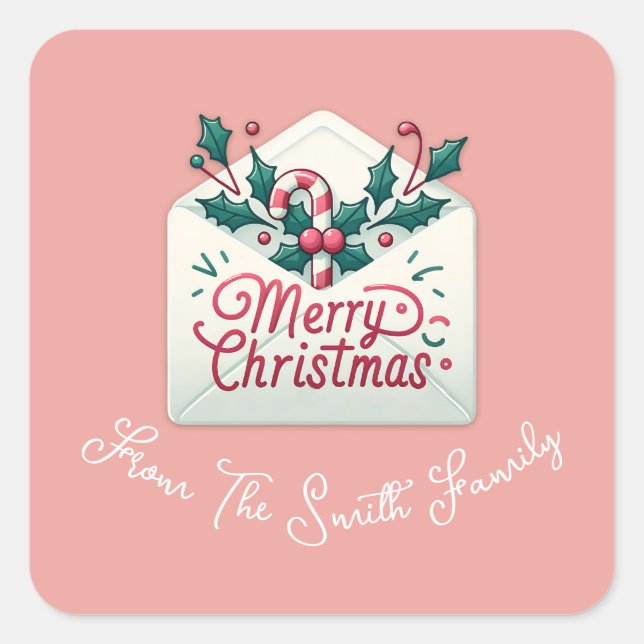 Modern Merry Mail Whimsical Christmas Custom Name Square Sticker (Front)