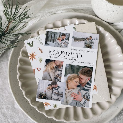 Modern Merry  Married 5 Photo Newlywed Holiday Card