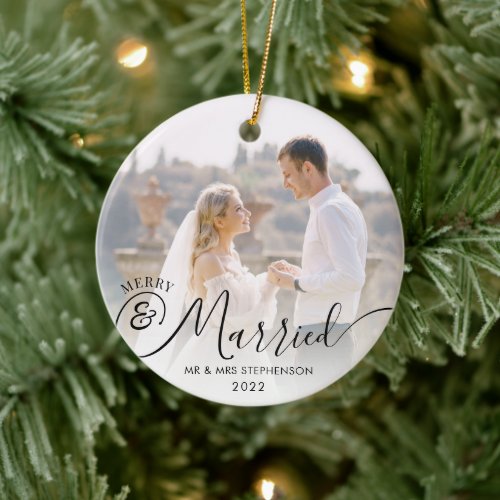 Modern Merry Married Christmas 2 Photo Black White Ceramic Ornament