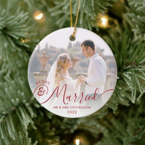 Modern Merry Married Christmas 2 Photo Your Color Ceramic Ornament