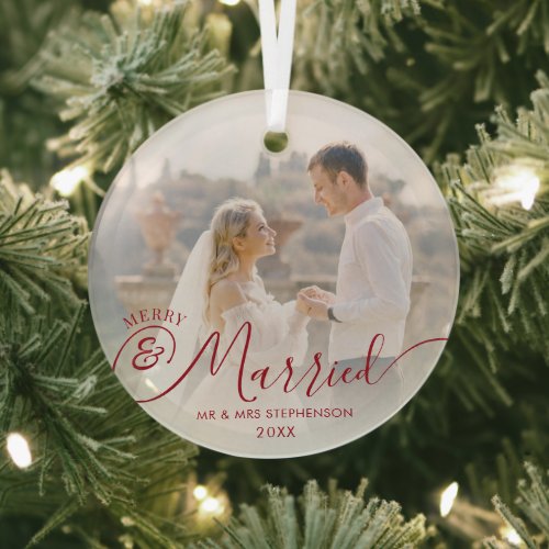 Modern Merry Married Christmas 2 Photo Your Color Glass Ornament