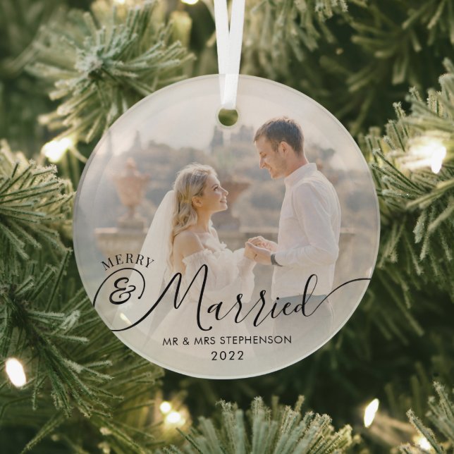 Modern Merry Married Christmas Photo Black White Glass Ornament (Insitu)