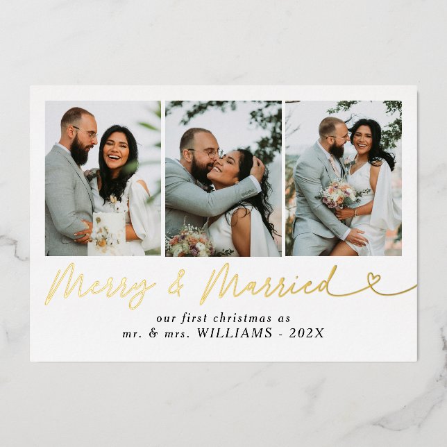 Modern Merry & Married Newlywed Photo Christmas  Foil Holiday Card (Front)