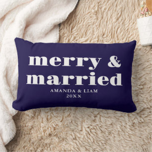 Modern Merry & Married Personalized Blue Christmas Lumbar Pillow