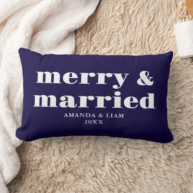 Modern Merry & Married Personalized Blue Christmas Lumbar Pillow (Blanket)