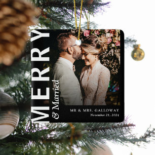Modern Merry & Married Photo Christmas Ceramic Ornament