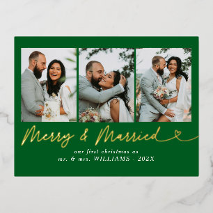 Modern Merry & Married Wedding Photo Christmas Foil Holiday Postcard