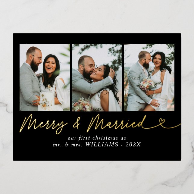 Modern Merry & Married Wedding Photo Christmas  Foil Holiday Postcard (Front)