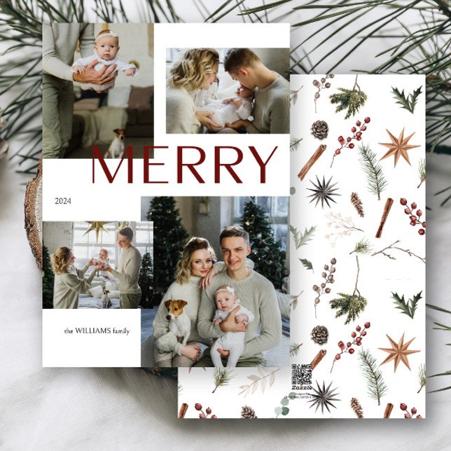 Modern Merry Multi Photo Botanical Watercolor  Holiday Card (Creator Uploaded)