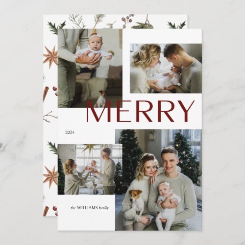 Modern Merry Multi Photo Botanical Watercolor  Holiday Card