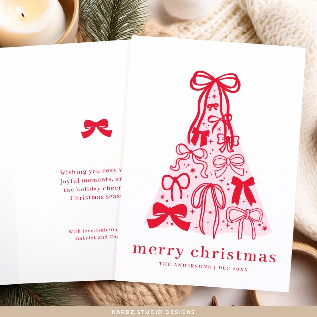 Modern Merry Pink Red Bow Tree Holiday Card (Folded card shown in 5 x 7 inches with square corners. Customize and choose paper and corner style.)