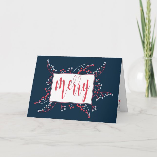 Modern Merry red gray navy blue berries Christmas Holiday Card (Front)