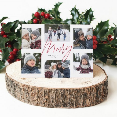Modern merry red script 6 photo Christmas collage Holiday Card