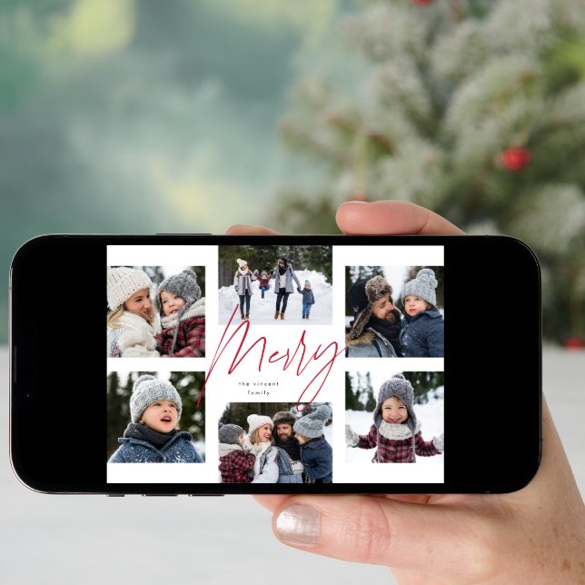 Modern merry red script 6 photo Christmas collage Holiday Card (Front Digital)