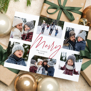 Modern merry red script 6 photo Christmas collage Holiday Postcard