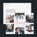 Modern merry red script 6 photo Christmas collage Holiday Postcard<br><div class="desc">A college of 6 photos is collected around a modern merry script in the center and a custom message in this holiday photo card. This simple Christmas card design is trend forward and the perfect way to share a year of highlights with friends and family. The back has room for...</div>
