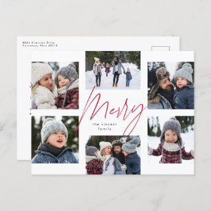 Modern merry red script 6 photo Christmas collage Holiday Postcard