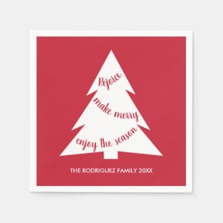 Modern Merry Red White Tree Name Holiday Party Napkin