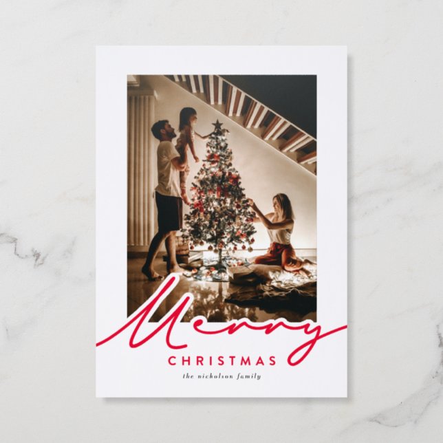 Modern Merry Script Christmas Letterpress Photo Cards (Front)