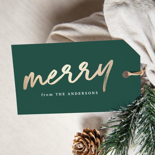 Modern Merry Script Green and Gold Holiday Gift Tags