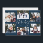 Modern merry script navy 6 photo Christmas collage Holiday Card<br><div class="desc">A college of 6 photos is collected around a modern merry script in the center and a custom message. This simple design is trend forward and the perfect way to share a year of highlights with friends and family. The backer is a coordinating navy blue stripe.</div>