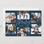 Modern merry script navy 6 photo Christmas collage Holiday Card<br><div class="desc">A college of 6 photos is collected around a modern merry script in the center and a custom message. This simple design is trend forward and the perfect way to share a year of highlights with friends and family. The backer is a coordinating navy blue stripe.</div>