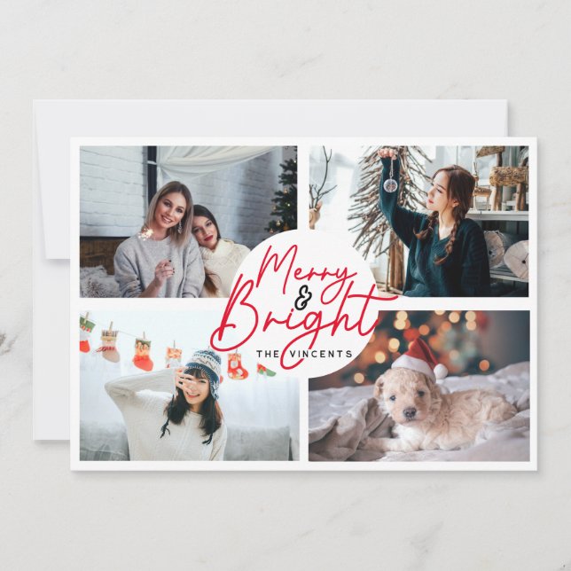 Modern merry script red 4 photo Christmas collage Holiday Card (Front)