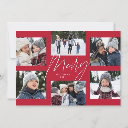 Modern merry script red 6 photo Christmas collage Holiday Card