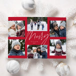 Modern merry script red 6 photo Christmas collage Holiday Card<br><div class="desc">A college of 6 photos is collected around a modern merry script in the center and a custom message. This simple design is trend forward and the perfect way to share a year of highlights with friends and family. The backer is a coordinating red stripe.</div>